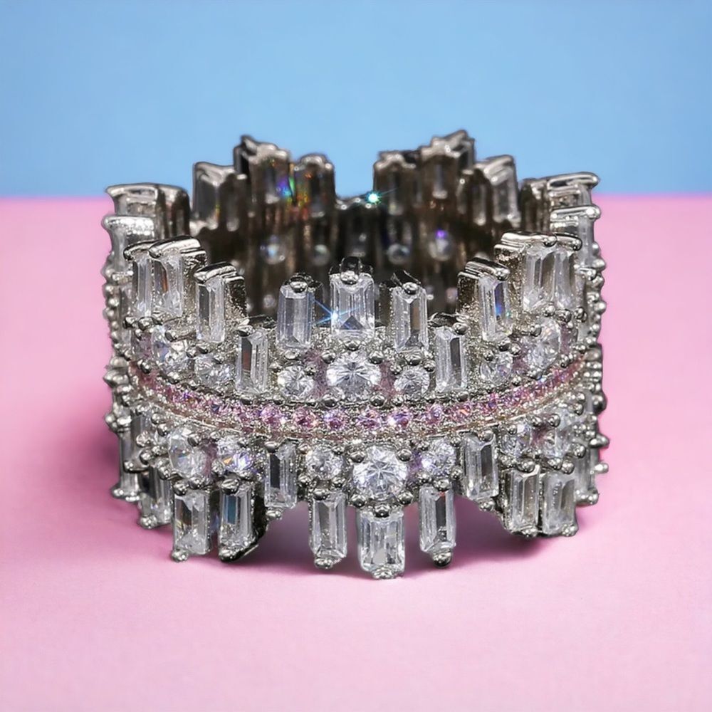 💖Stunning Round Baguette Cut Pink and White Topaz  Cocktail Ring